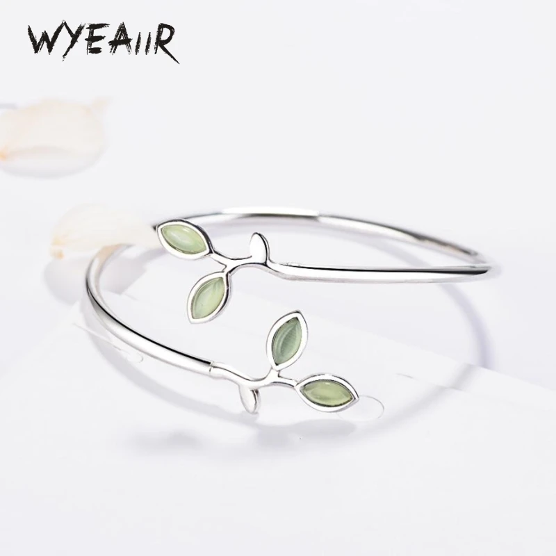 WYEAIIR 925 Sterling Silver Tender Bud Leaves Opal Fresh Fine Jewelry Luxury Resizable Opening Female Bangle