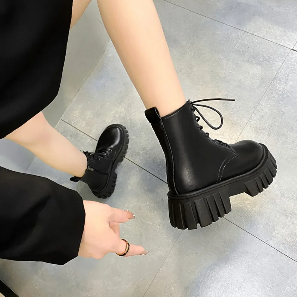 Chunky Platform White Ankle Boots Women Autumn Winter Pu Leather Combat Booties  Punk Thick Bottom Motorcycle Boots