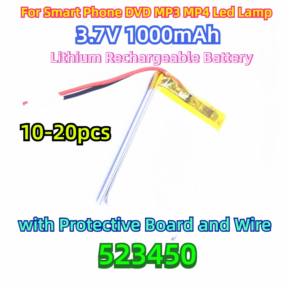 For Smart Phone DVD MP3 MP4 Led Lamp 3.7V 523450 1000mAh Polymer Lithium Rechargeable Battery with Protective Board and Wire