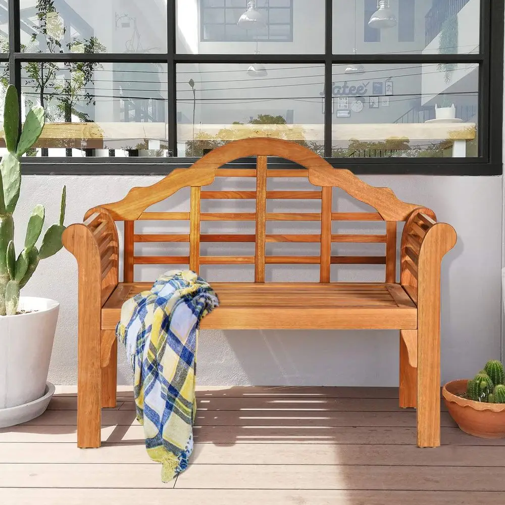 

Outdoor Wood Bench, 4 Ft Foldable Eucalyptus Garden Bench, Two Person Loveseat Chair Solid with Curved Backrest and Armrest Ide