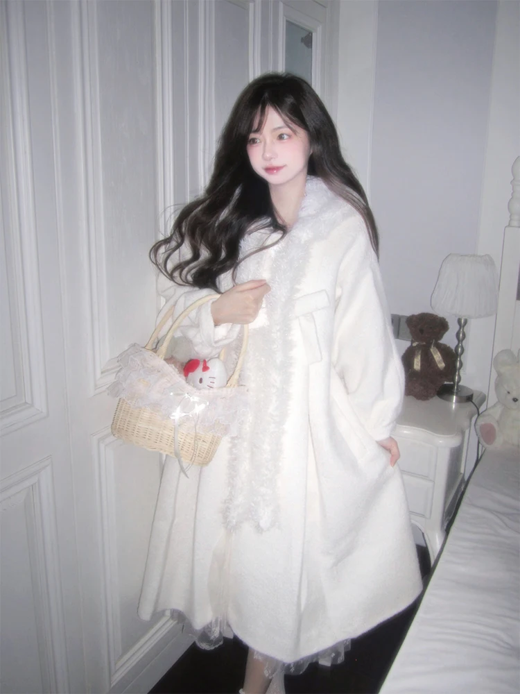 2025年冬新作ミドル丈レディースコート、ゆったりとしたウール素材のジャケット、ロング丈、フード付き、ホワイトカラー、韓国風ストレートカット