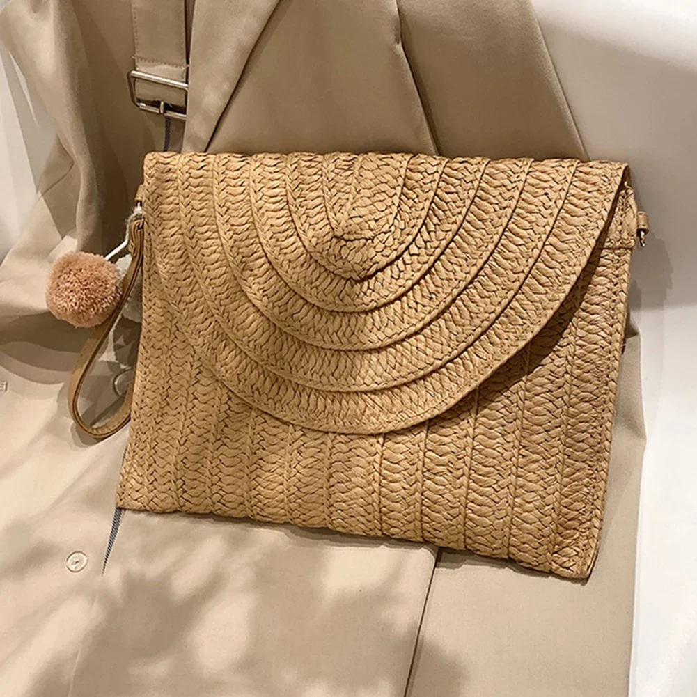 Summer Beach Straw Clutch Bag Cute Ball pendant Crossbody Bag for Women Travel Shoulder Bags Purse Ladies Casual Wicker Handbags