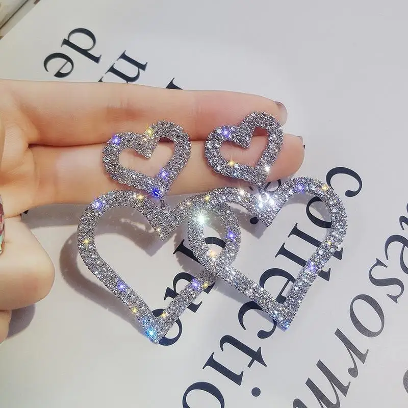 1Pair Dominated Exaggerated Fashion Crystal Double Heart Earrings Contracted Joker Long Drop Earrings for Women