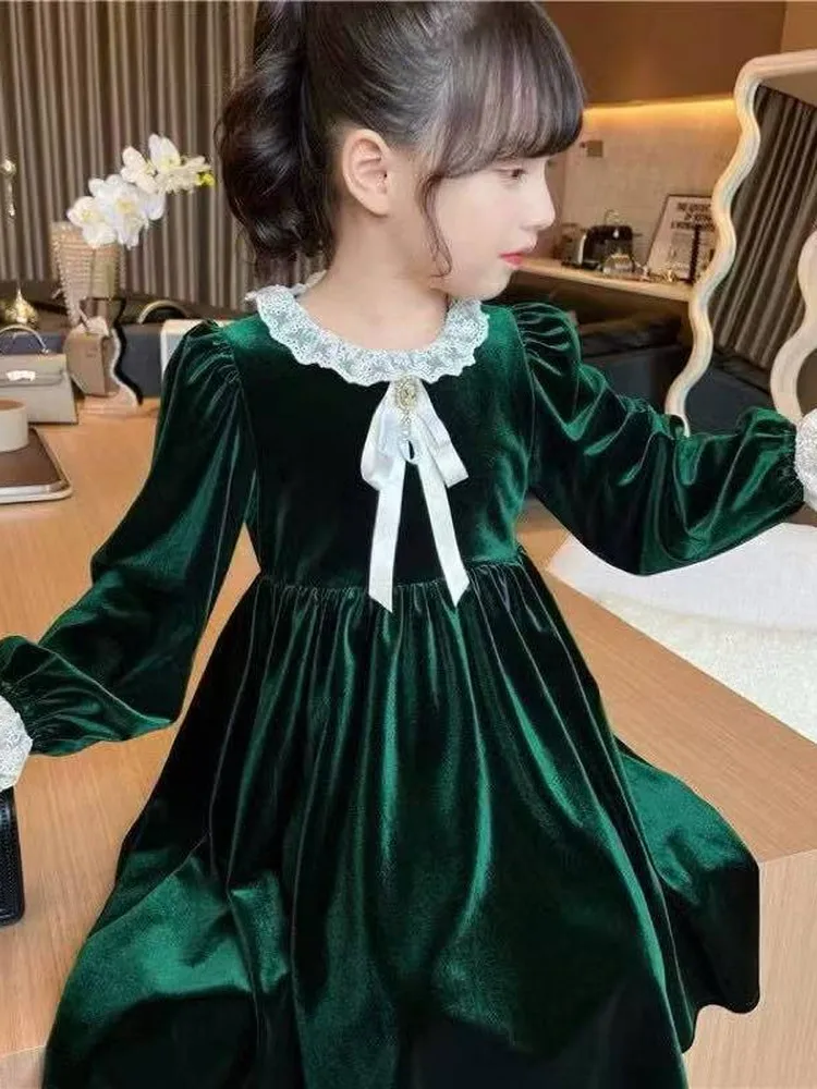 Vestido de Veludo com Babados para Meninas, Estilo Coreano, Manga Longa, Roupas para Bebês e Crianças, Saia em A, Tecido de P...