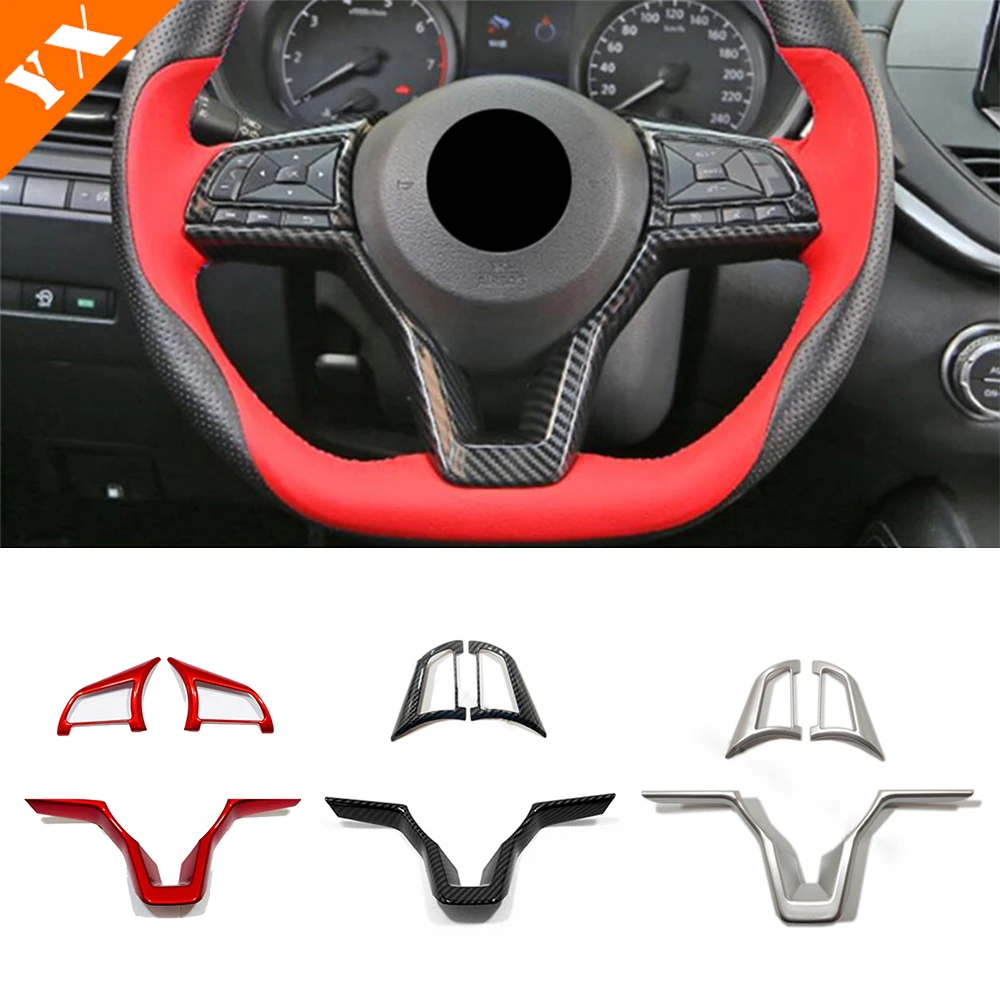 

Car Steering Wheel Cover Carbon Red Silver Look Switch Button Sticker Frame Trim for Nissan March N-Sport Accessories 2019-2023