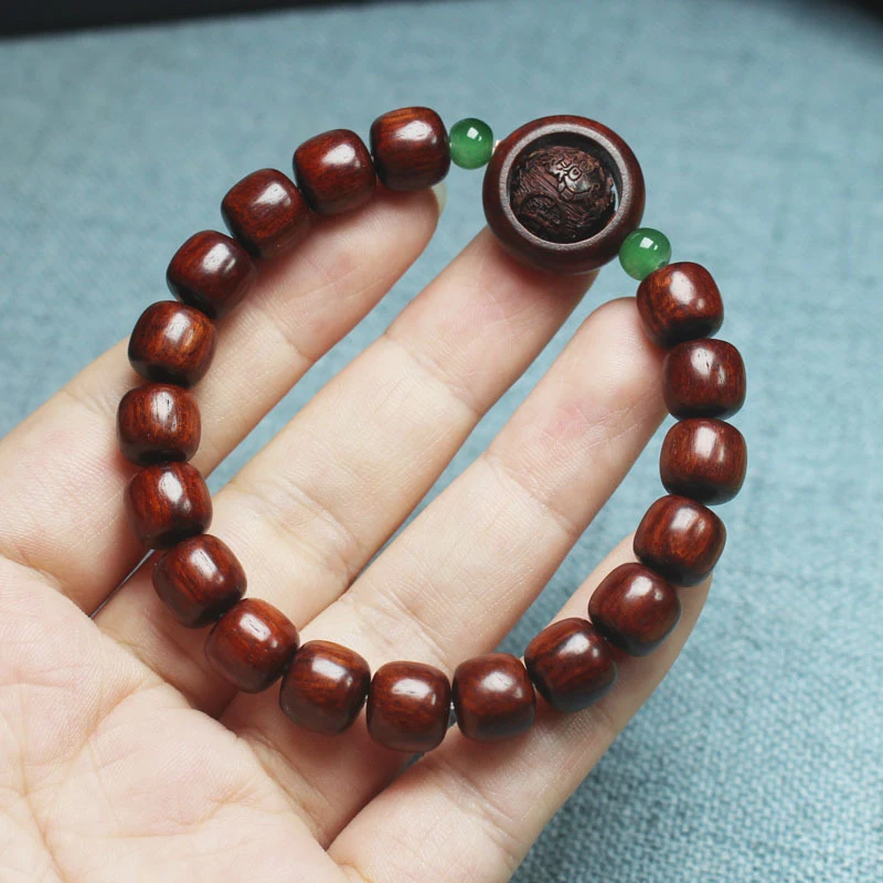 Zambian vintage barrel bracelet with moving bead ring, small leaf rosewood prayer beads for men and women