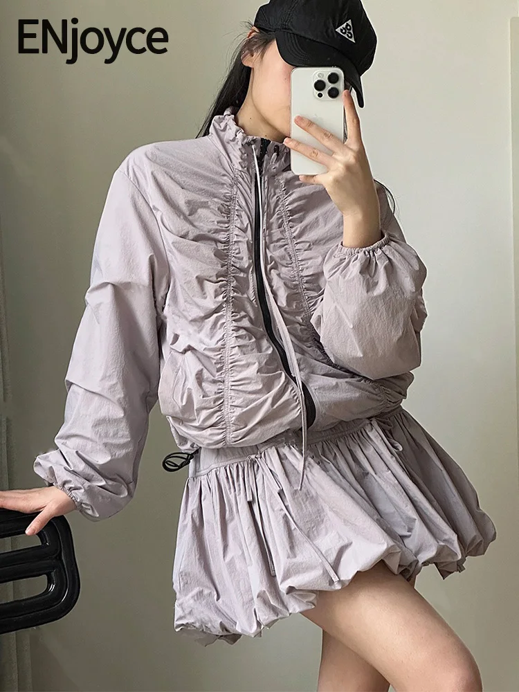 

ENjoyce 2024 Spring Women Stand up Neck Pleated Jacket Korean Fashion Zipper Breathable Cropped Coat Y2K Streetwear