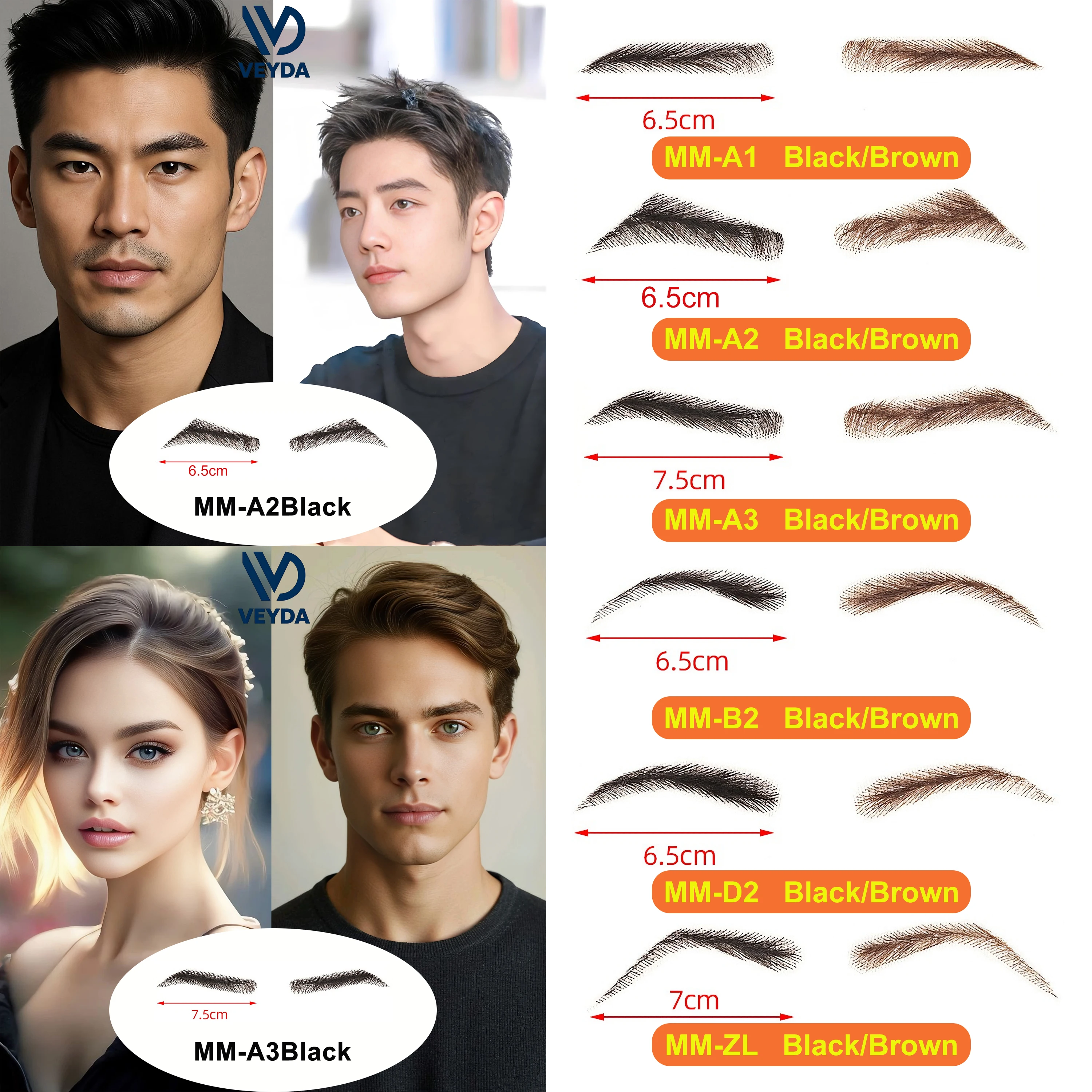 VEYDA Women/Man's Eyebrows Hair Eyebrows Six Style 100% Human Hair Artificial Weaving Lace Workers' Hair Braided Eyebrow Wigs