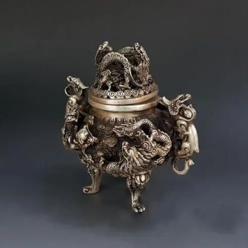 China Exquisite Tibet Silver 9 Dragon Beast Lion Head Incense Burner Statue