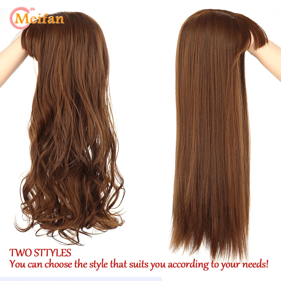 MEIFAN Long Synthetic Clip on Hair Extension Topper Add Volume Invisible Closure Hairpiece With Bangs for Covering White Hair