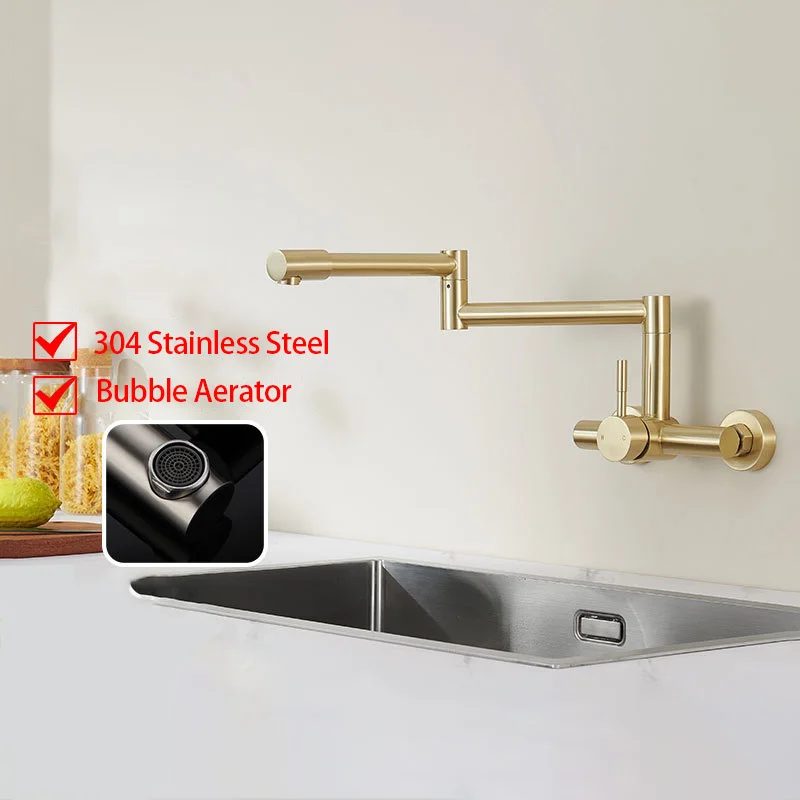 Wall Mounted Kitchen Pot Filler Faucet Folding 360 Rotating Spout Washing Faucet Brushed Gold Hot and Cold Water Mixer Sink Taps