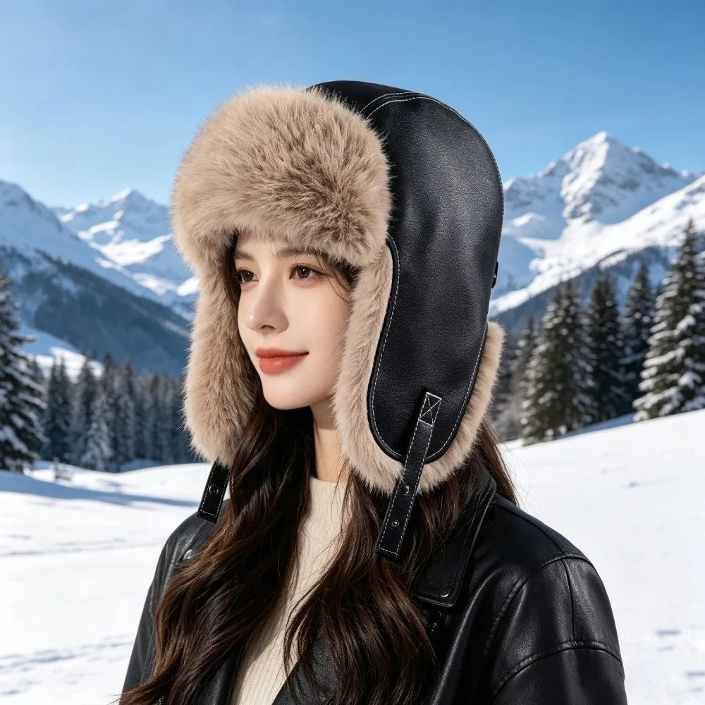 Faux Leather Winter Warm Hat Thick Material Faux Fur Lined Faux Leather Ear Flap Hat Ear Flap Design Windproof Construction