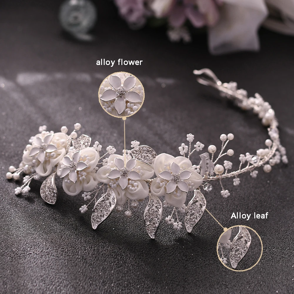 Bridal Hair Accessories Pearls Headband Shinning Alloy Flower Leaf Bride Guest Wedding Headdress Women’s White Fascinator