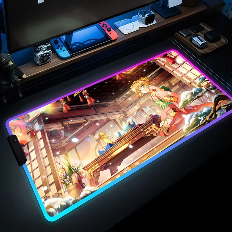 

Mouse Pad LED Laptop Gamer Decoracion Card Captor Sakura Desk Mat RGB Luminous Mousepad Gaming Accessories Varmilo Keyboard Pad
