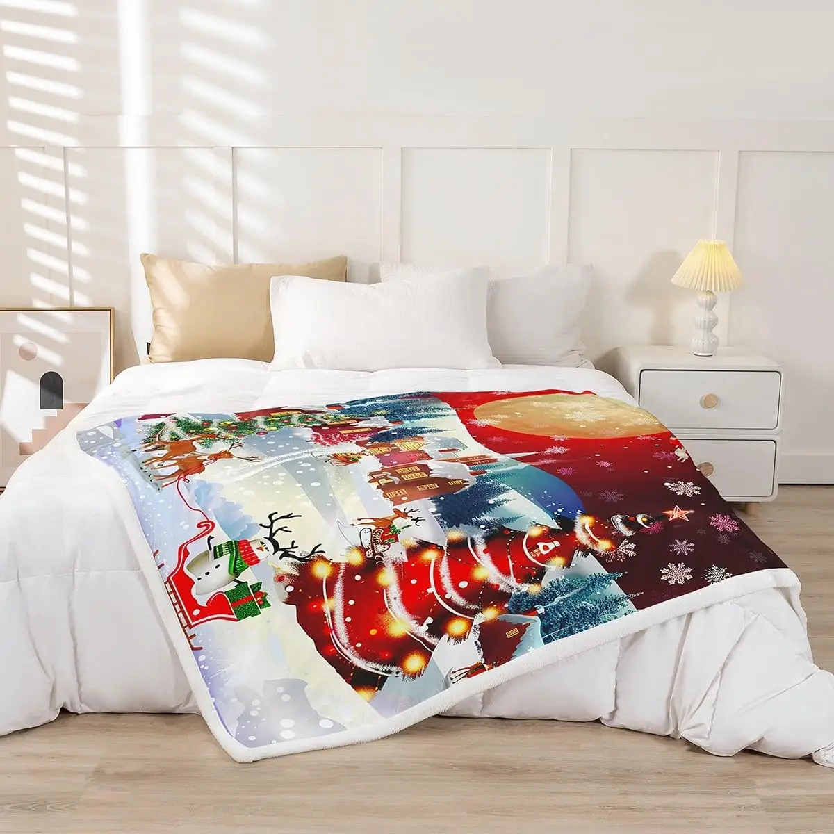 Merry Christmas Throw Blanket ,Black Santa Claus Bed Blanket for Kids Child,Snowflake Snowman Deer Fleece Blanket Glitter Moon