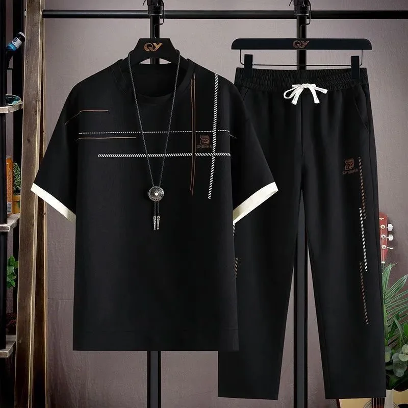 

Summer New Fashion Trendy Sports Running Short Sleeve T-shirt Set Men's Casual Loose Plus Size High Quality Two-Piece Set