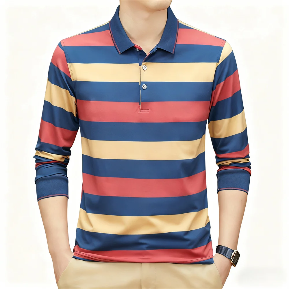

Men's Fashion Stripe Long Sleeve Polo Shirts Autumn Winter Daily Casual Business Button Pullover Tops Loose Comfortable Clothing