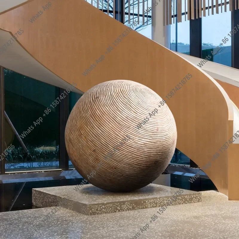 S64 Solid Wood Carving, Round Wood Ball Floor Ornament, Large-scale Craft Sculpture, Hotel Lobby Window Soft Decoration