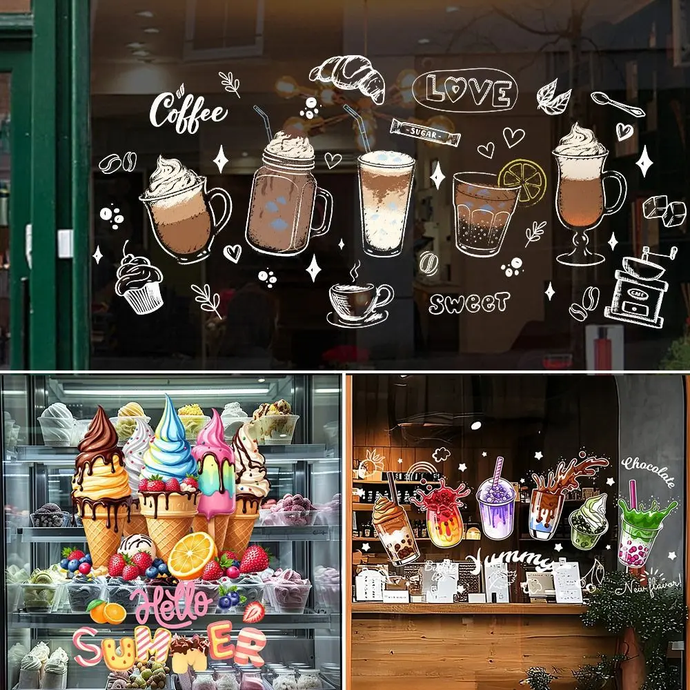Multicolor Shopwindow Stickers Milk Tea Cup Cartoon Ice Cream Static Window Sticker Bread Glass Door Decals