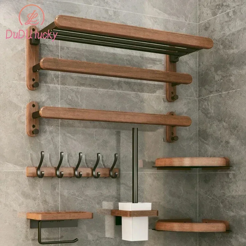 

Walnut towel rack no punch bathroom shelf toilet bathroom wall mounted washroom storage bath towel holder