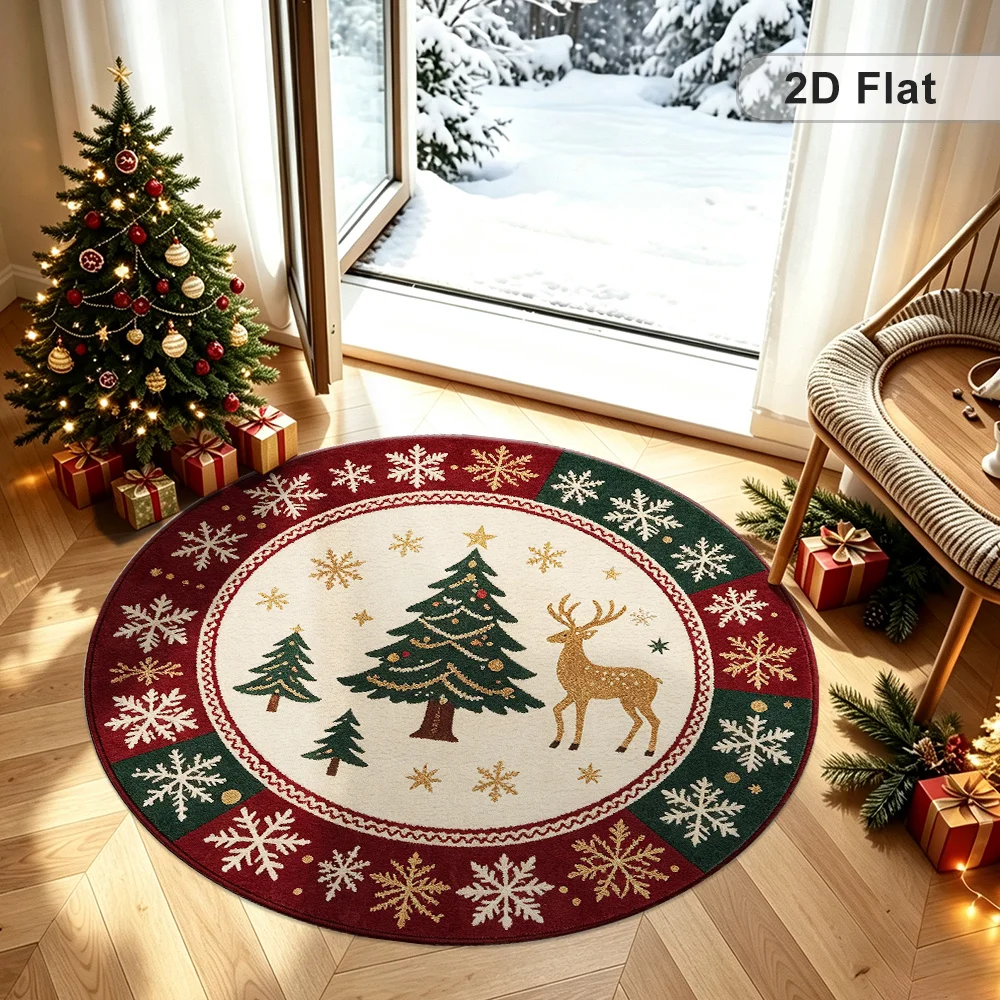 Reindeer Pine Snowflake Nordic Round Rug For Modern Minimalist Space Subtle Festive Accent Non Slip Floor Mat