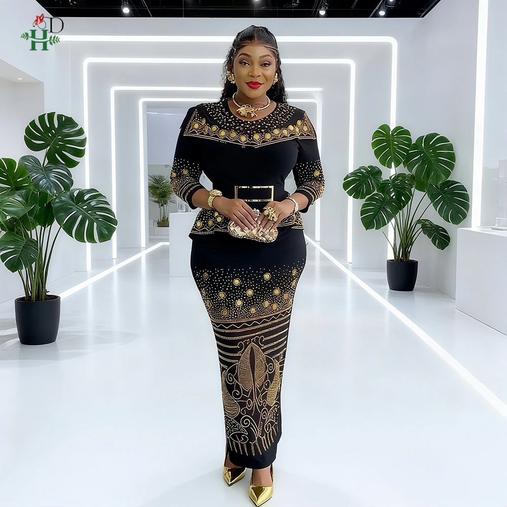 

Plus Size African Women's Dress with Gold Embroidered Patterns 3/4 Sleeves with Belt Mermaid Maxi Skirt For Weddings Party Galas