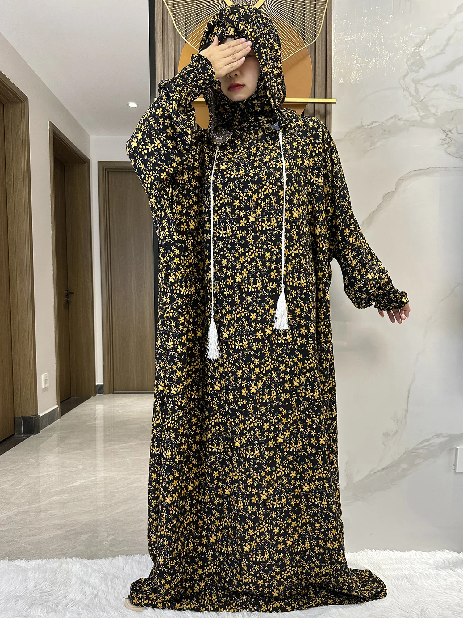 2024 New Ramadan Muslim Two Hats Abaya Dubai Turkey Islam Prayer Clothes Floral Cotton Fabric Dresses Islam Women Dress Kaftan