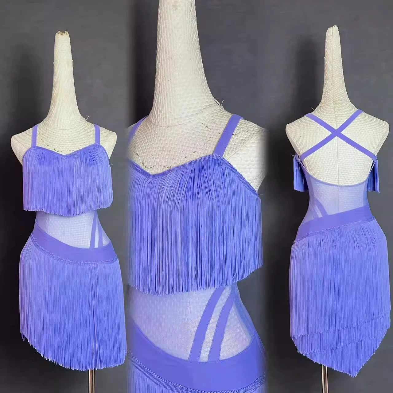 

Latin Dance Costume Rhinestone Female Adult Children High-end Customized Suspender Tassel Hollow Out Samba Performance Dress