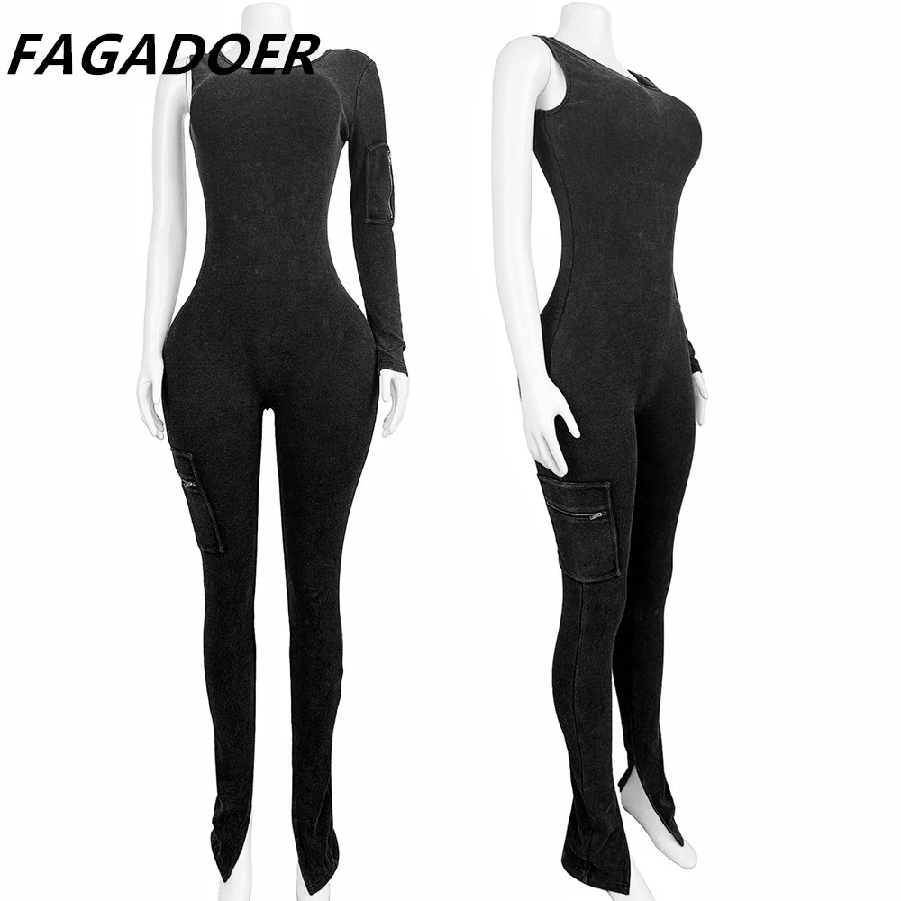 FAGADOER Fashion High Quality Ribber Elasticity Bodycon Jumpsuits Women One Shoulder Long Sleeve Cargo Side Zipper Slim Playsuit