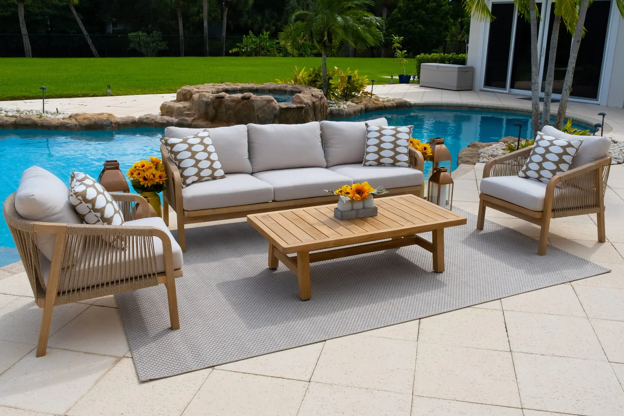 Rimini 4-Piece Teak Wood Outdoor Patio Conversation Sofa Set W/Three-Seat Sofa, Two Armchairs, And Coffee Table