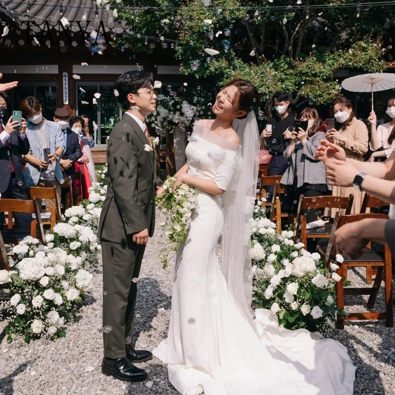 TANYA elegante vestido de novia de manga corta con cuello barco, vestido de novia sencillo de satén suave hasta el suelo, vestidos de novia de cola de barrido G4231