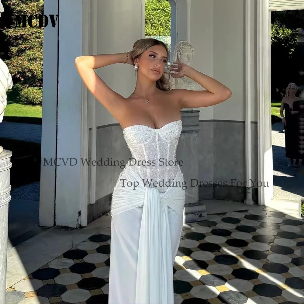 Mcdv brilhante sereia vestidos de casamento sem mangas glitter festa vestido de noiva com zíper voltar sem alças plissado vestido de baile de noite personalizado