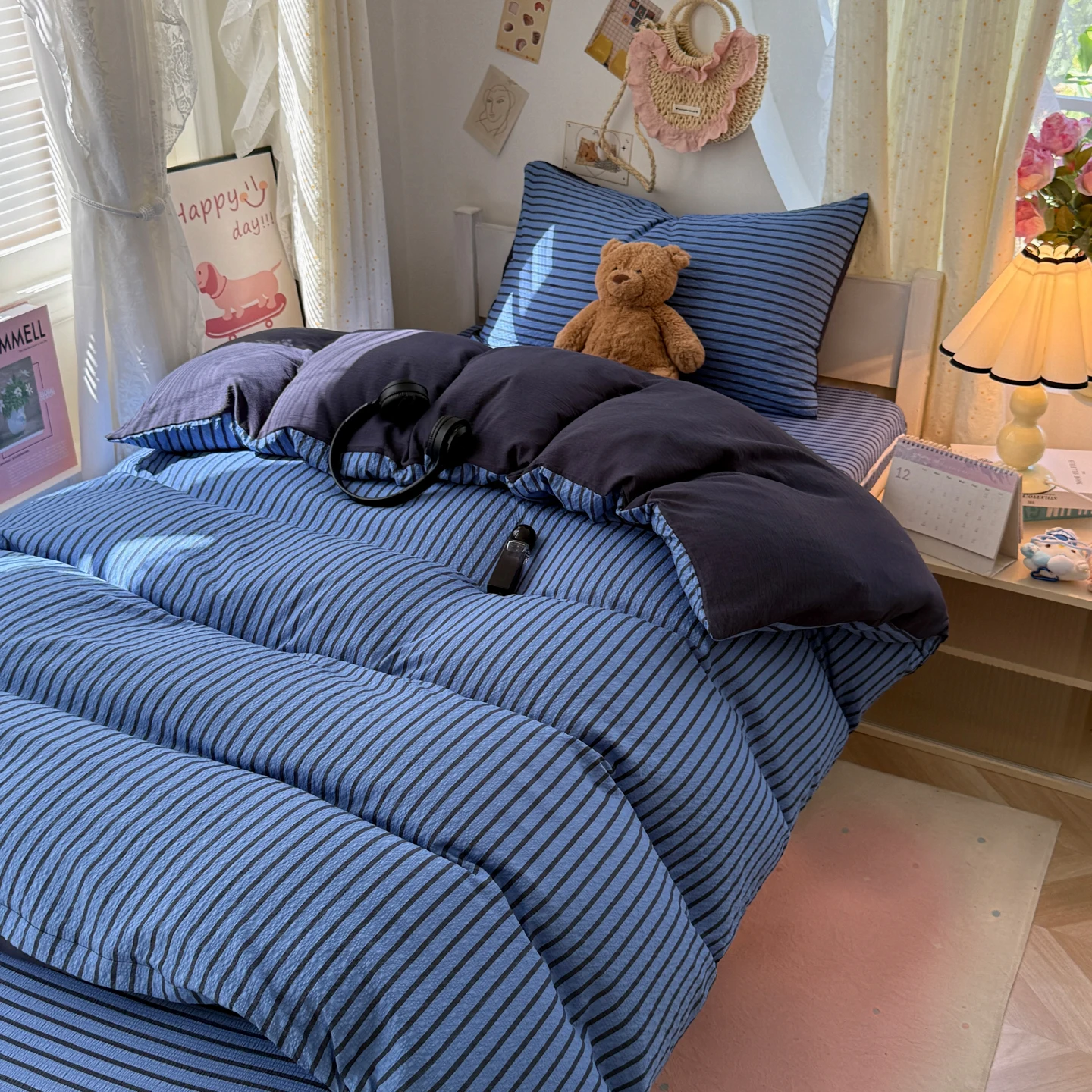 3/4PCS Bedding Set Blue Stripes Soft Comfortable Duvet Cover Set Sheet Set for Home Bedroom Deocr Birthday Gift Machine Washable