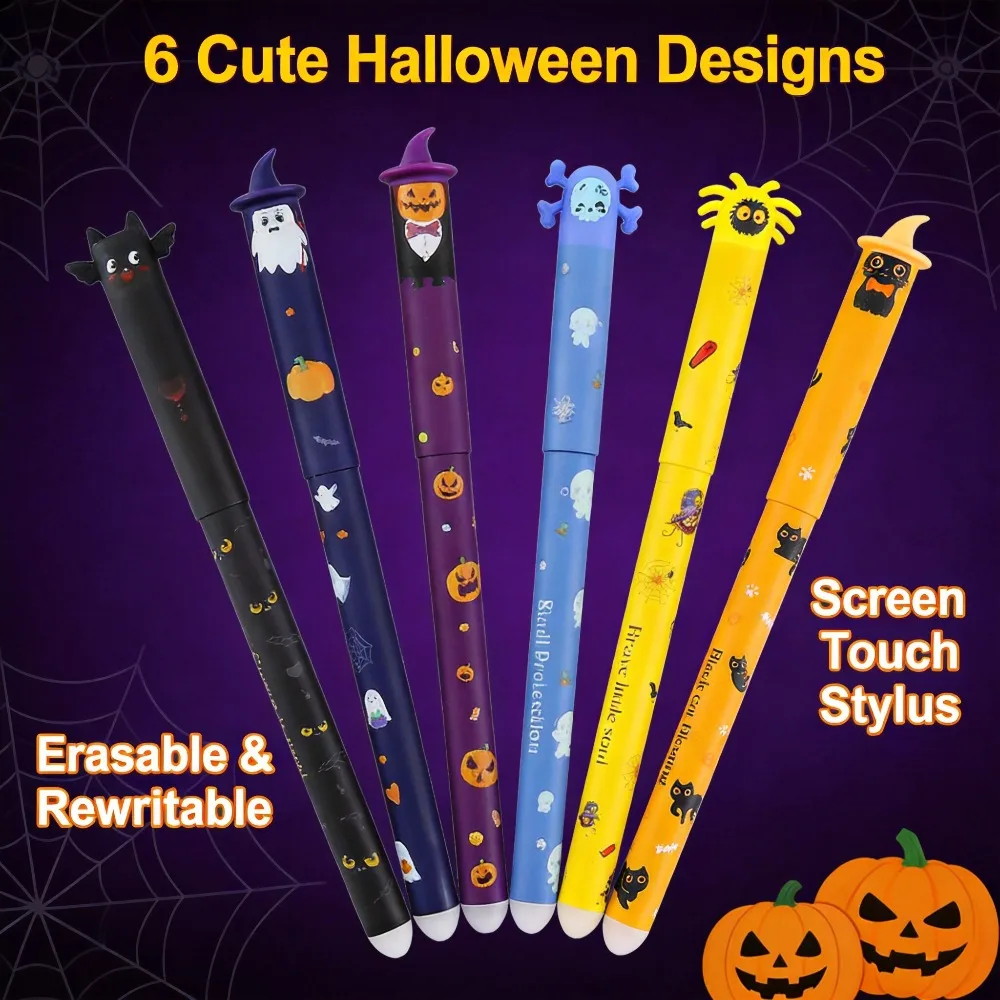 1-6Pcs Halloween Erasable Gel Pens, 0.7mm Click Retractable Pen Set, Cute Ghost Pumpkin Bat, Student School Office Writing Gift