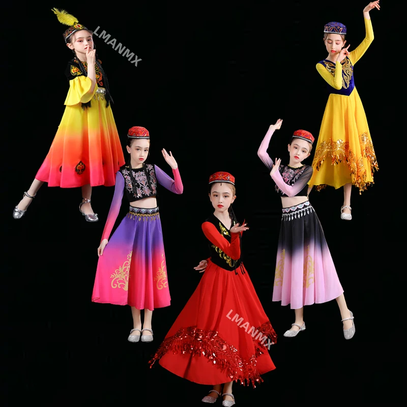 Nouveaux costumes de danse ouïghoure, costumes de spectacle de danse du Xinjiang pour enfants, grande jupe kazakh petite et élégante