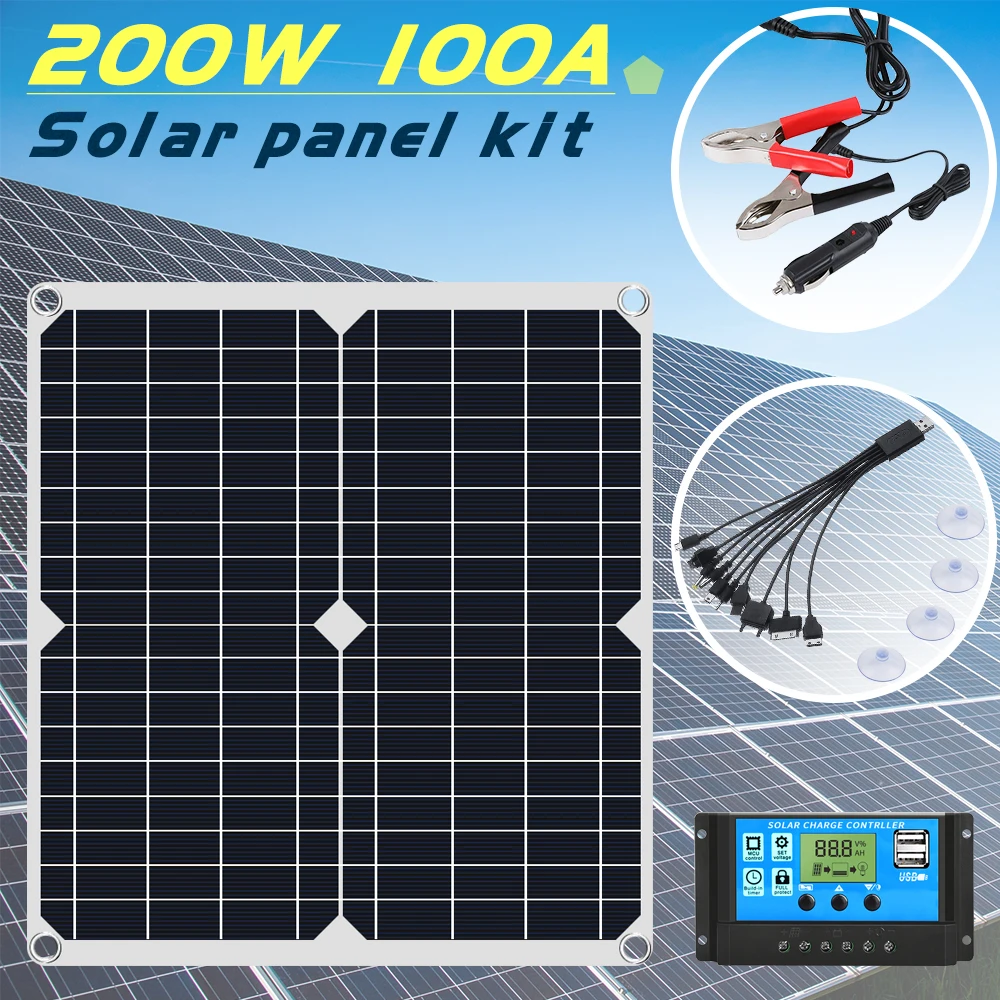 200W Flexible Solar Panel Kit 100A 12V Battery Powerful Charger Controller For Home Light Solar System Outdoor RV Caravan Boat