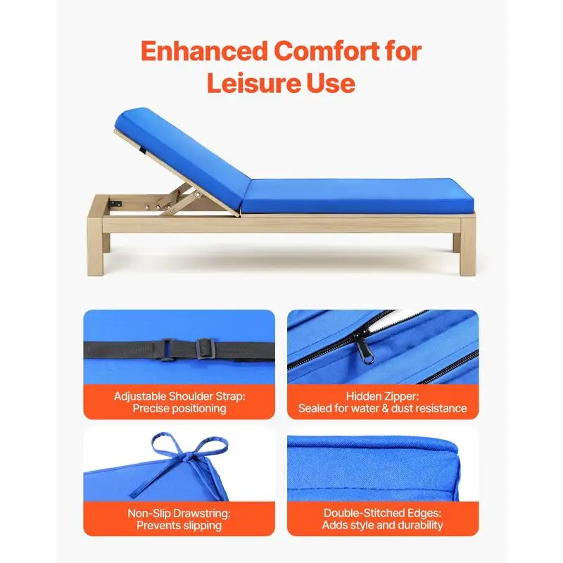 Chaise Lounge Cushion, 72 x 21 x 3 in, Outdoor Lounge Chair Cushions, Waterproof & Fade-Resistant, Sun Lounger Replacement Cushions with Ties, Patio Lounger Pads for Pool Deck Lawn, Blue view 5