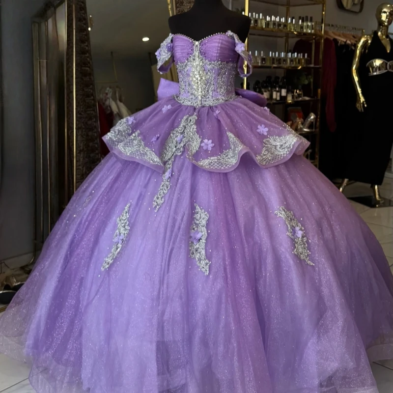 

Lilac Shiny Quinceanera Dresses Off The Shoulder Applique Flower Beading Crystal Tull Party Birthday Sweet 16 Dress Vestidos De
