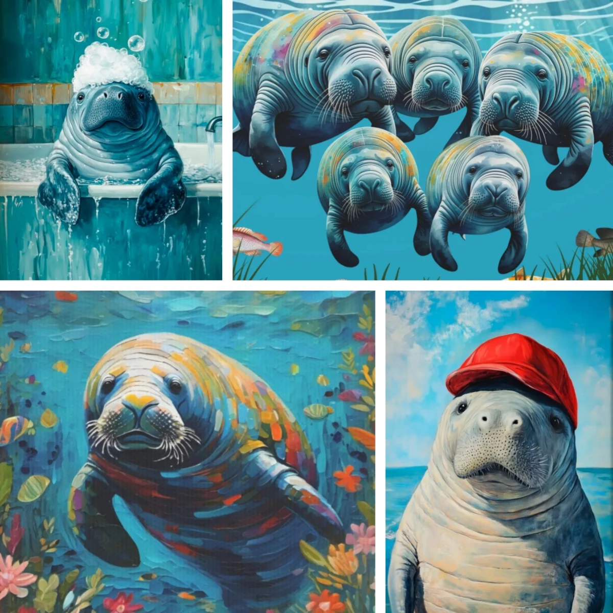 Juego completo de pintura de diamante de vaca marina, acuarela de manatí, arte de vida silvestre de Florida, decoración de guardería acuática, decoración inspirada en la naturaleza