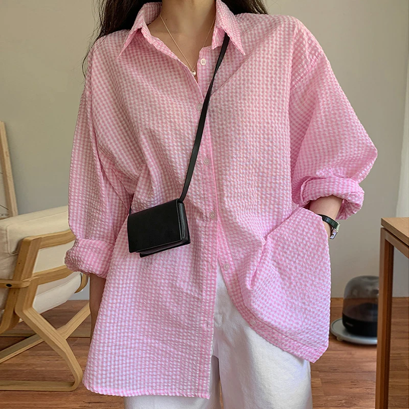 Turndown Collar Women's Blouse  Single Breasted Plaid Loose Casual Sunscreen Long Sleeves Shirt Summer Lazy Style