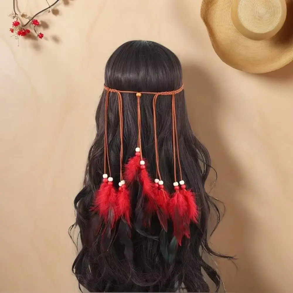 Cascading Tassels Bohemian Tassel Headband Intricate Beadwork Hand-tied Plumage Long Feather Headpiece Flowing Aesthetic