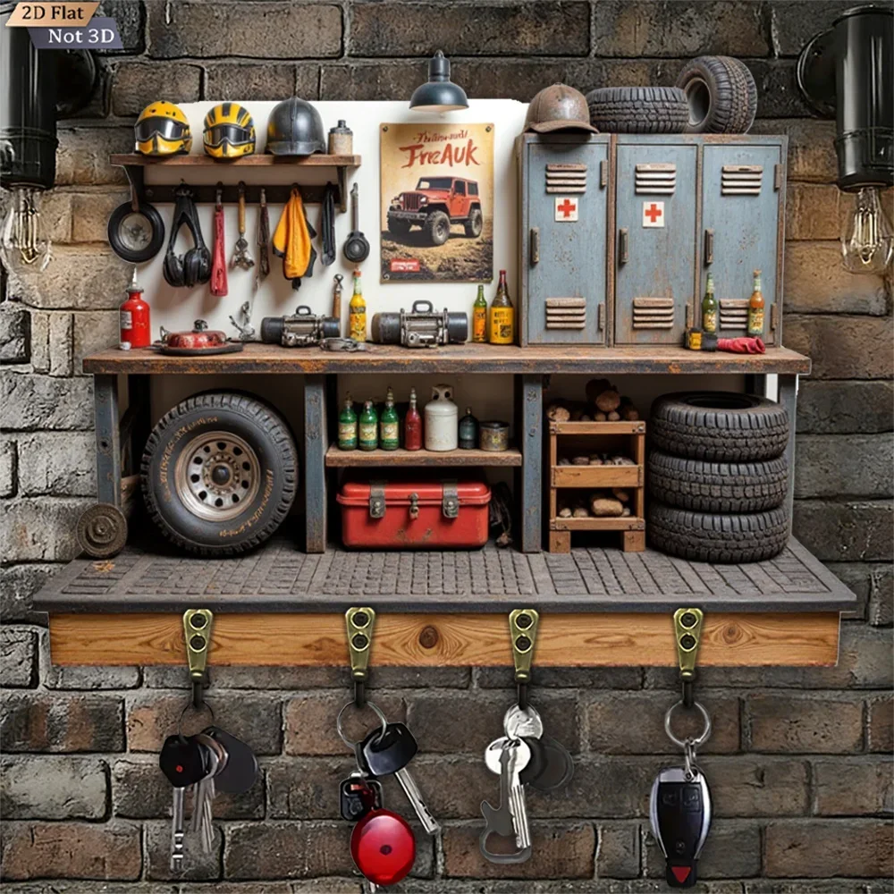 2D Flat, 1pc, Retro Industrial Style Key Hook, Wooden Multifunctional Home Key Hook, with Four Metal Hooks, Wall Decoration,