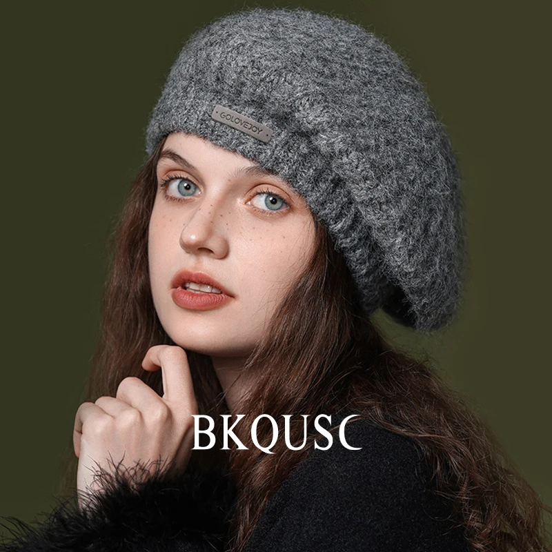 Coarse Wool Hand Woven Women Beanie 55-60cm Elastic Stylish Soft Woolen Winter Warm Literary Painter Hat Metal Label Knit Berets