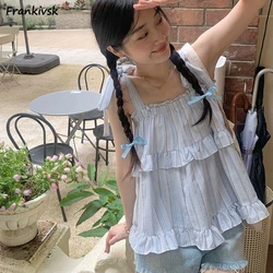 Lace Up Camisole Women Summer Elastic Tender Ruched Stylish Loose All-match Holiday Girlish Sweet Vintage Korean Style Y2k Chill