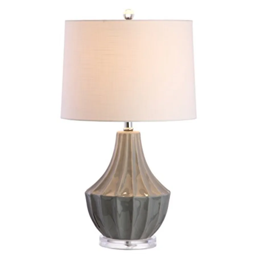 

24.5" Ceramic Table Lamp for Bedroom, Modern Bedside Desk Lamp, White Linen Drum Shade, Fluted Gourd for Living Room, LED Bulb