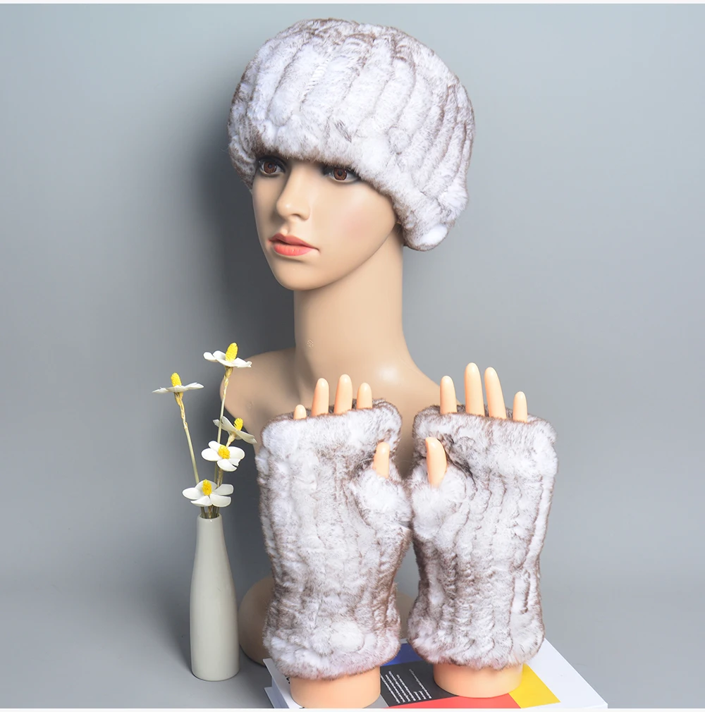 One Set Women Real Rex Rabbit Fur Cuff+Headband Winter Warmer Hat Arm Wrist Sleeve Gloves Female Real Fur Cap+Elastic Wristband