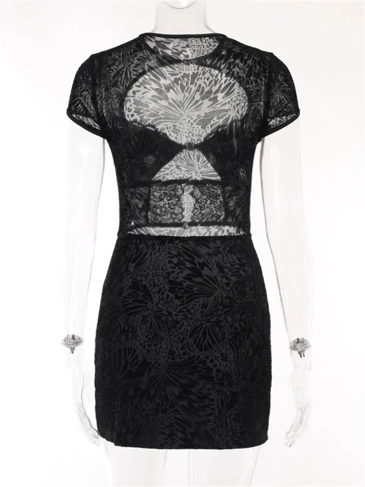 Women Sheer Lace Mini Dress Short Sleeve Crew Neck Hollow Out Slim Fit Bodycon Dress Summer Retro Club Sexy Dresses