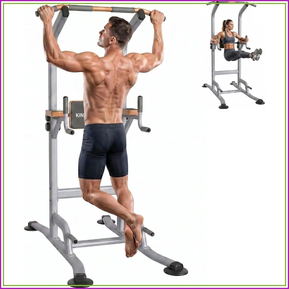 450LBS Power Tower Pull Up Dip Station with Push Up Handles & Pilates Bands for Home Gym