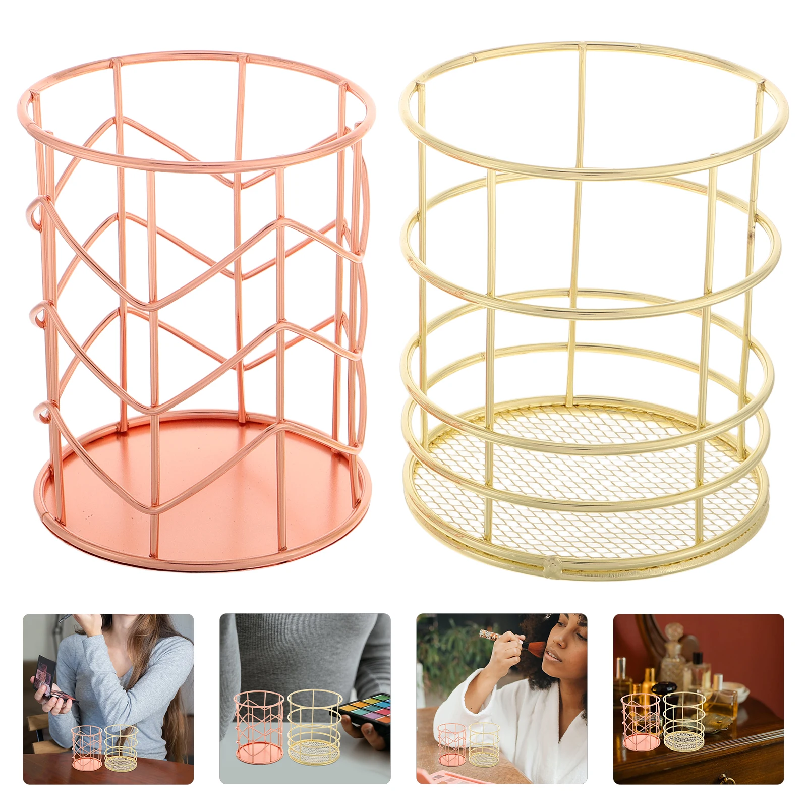 

2 Pcs Desktop Pen Holder Makeup Brush Bucket Accessories Cups Metal Container Wrought Iron Brushes Office for