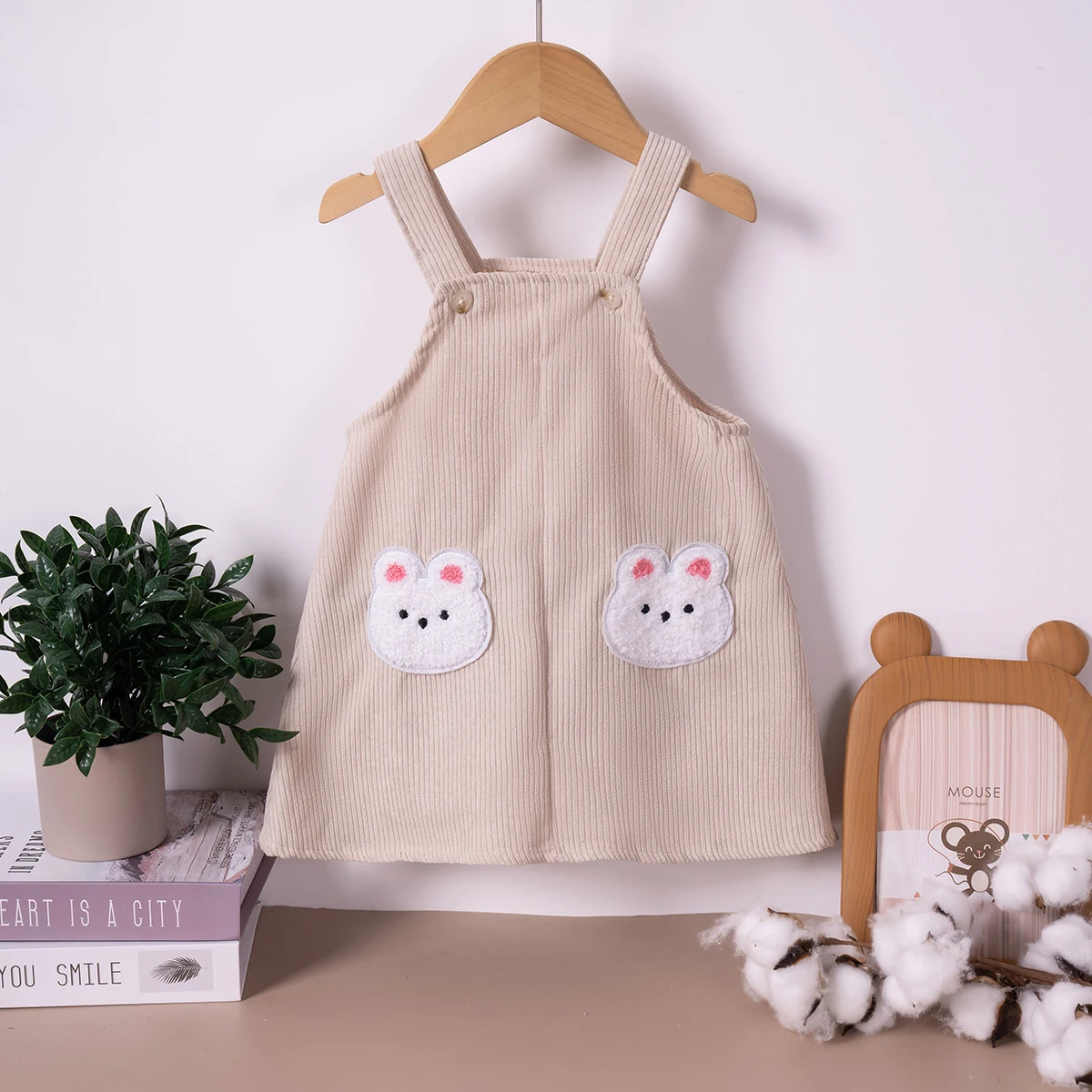 2024 Autumn And Winter Baby Girls Strap Dress Sweet And Cute Solid Color Baby Girl Rabbit Decoration Strap Dress Toddler Clothes